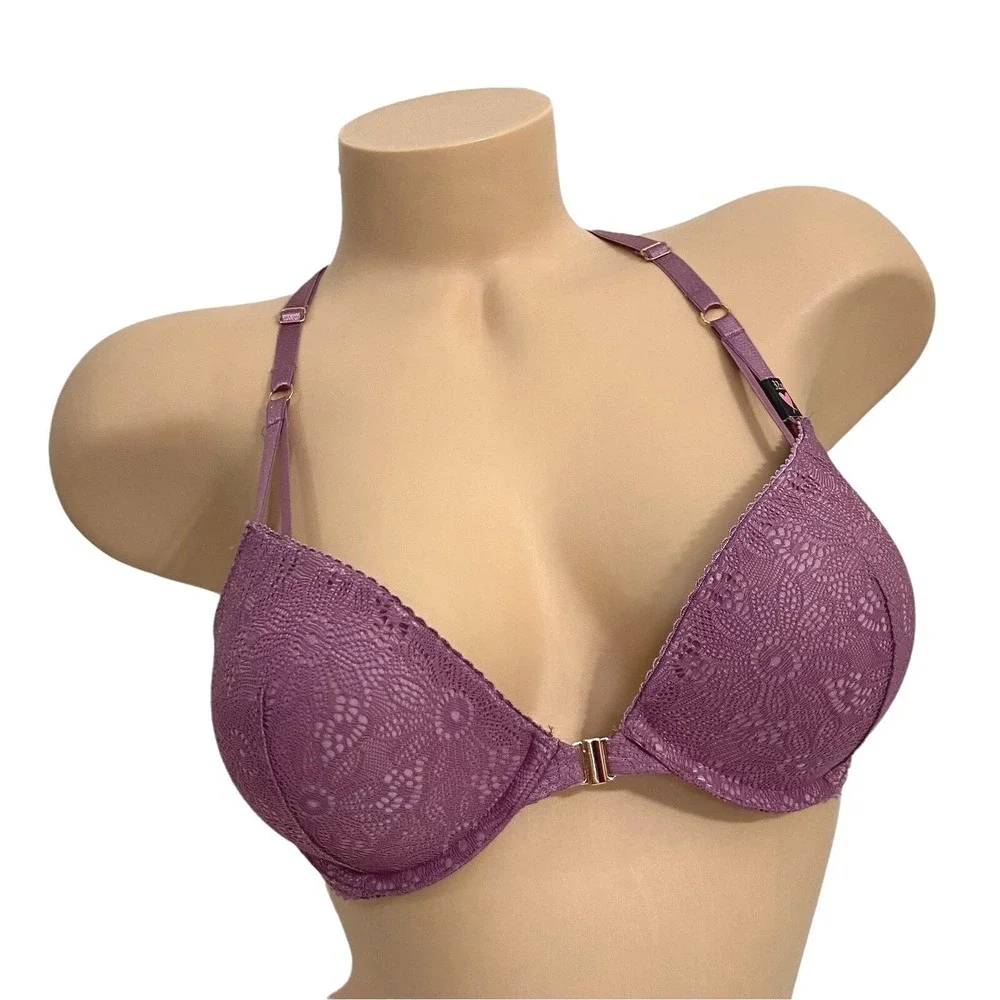 VICTORIAS SECRET 32D Very Sexy Chantilly Push Up Front-Close Bra‎ Mauve Lace NEW